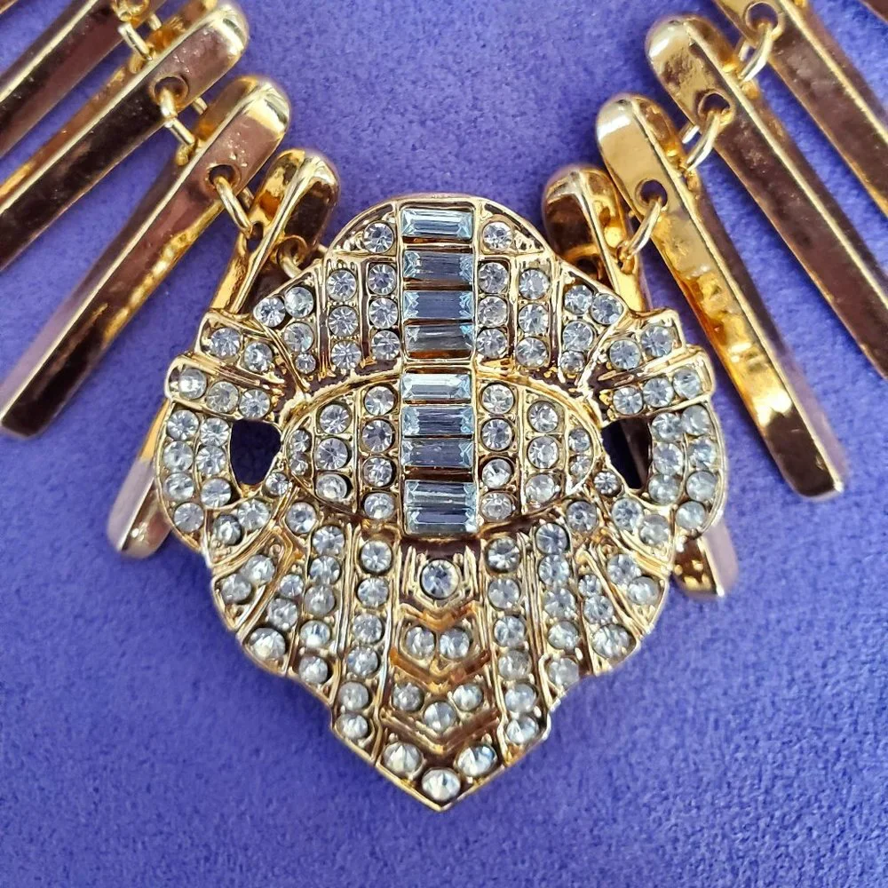 NEW Statement Polished Gold Fringe Rhinestone Center Dressy Runway Necklace